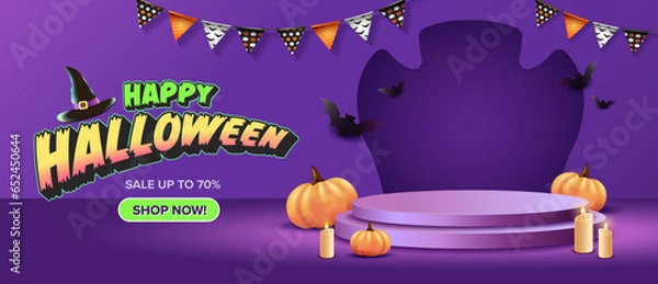 Obraz Happy Halloween Banner Promotion Poster template of 3D illustration with pumpkin on treat or trick fantasy fun party celebration purple background design.