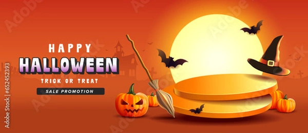 Obraz Trick or Treat Halloween Banner orange theme product display podium on evening background with Scray pumpkin and candle of 3D illustration