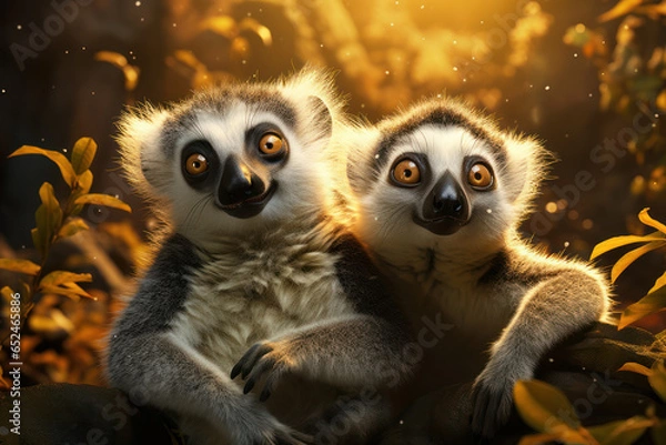 Fototapeta A pair of wide-eyed lemurs with tails interlocked, engaged in an amusing dance. Concept of lemur camaraderie. Generative Ai.