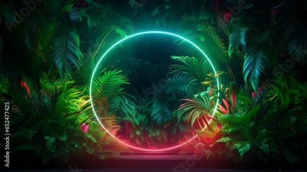 Fototapeta Green Neon Circle surrounded by Tropical Leaves. Exotic Backdrop with Copy Space