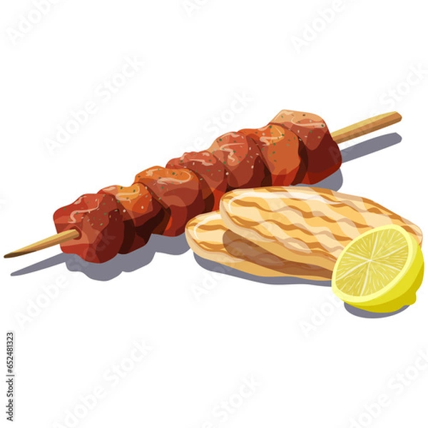 Fototapeta Grilled pork skewer (souvlaki) with oregano served with fluffy pita bread and lemon. Famous traditional Greek fast food. Vector illustration.