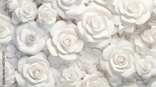 Obraz A 3D illustration showcasing a voluminous panel of white roses in various sizes, casting shadows on a pristine white background. This festive and visually striking composition features a three-dimensi