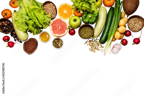 Fototapeta Organic vegetables on isolated png background farming and healthy food copy space flat lay presentation frame top view
