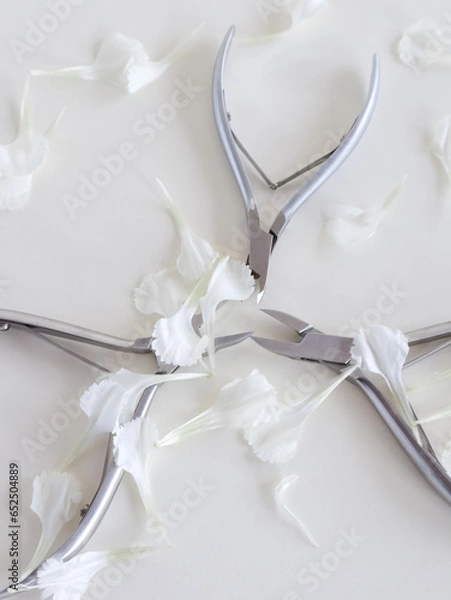 Fototapeta Manicure tools in white flower petals on white background, top view, there is space for text. Beauty salon, aesthetics. High quality photo