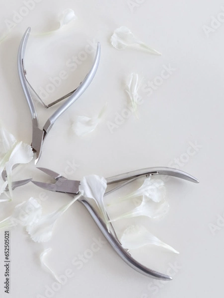 Fototapeta Manicure tools in white flower petals on white background, top view, there is space for text. Beauty salon, aesthetics. High quality photo