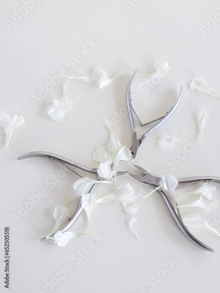 Fototapeta Manicure tools in white flower petals on white background, top view, there is space for text. Beauty salon, aesthetics. High quality photo