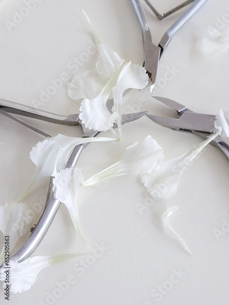 Fototapeta Manicure tools in white flower petals on white background, top view, there is space for text. Beauty salon, aesthetics. High quality photo