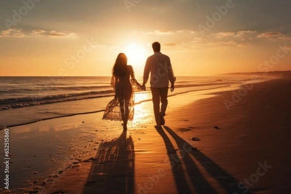 Fototapeta romantic image of a couple at the beach during sunset. 