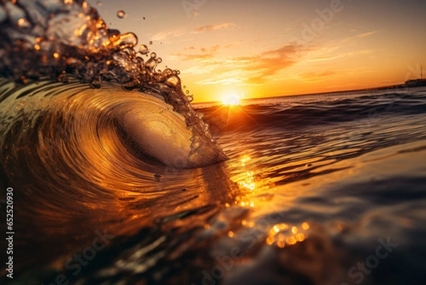 Fototapeta Stunning ocean wave at sunset with golden reflections, capturing the beauty of nature and the power of the sea