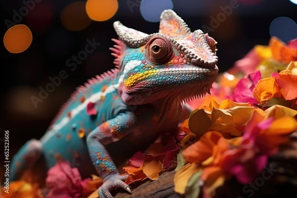 Obraz Chameleon on a background of colorful flowers close-up, advertising banner for a holiday agency
