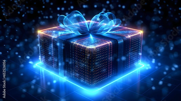 Fototapeta Christmas digital gift with blue neural connection lines and glowing dots, holographic binary, background, copy space.