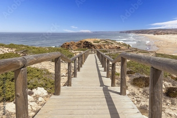 Fototapeta Panoramic image over Bordeiras Beach surf spot on the Atlantic coast of Portugal during the day