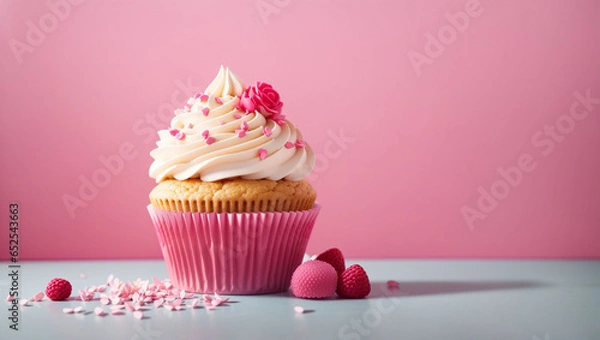 Fototapeta Delicious cup cake on pink background. Backdrop with copy space