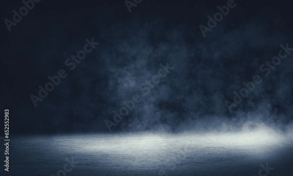 Fototapeta empty room with floor Abstract stage of dark room concrete floor. 
stage background for product placemen, Panoramic view of the abstract fog. White cloudiness, mist or smog moves on black