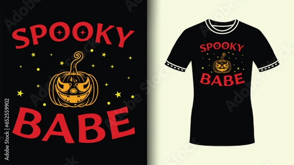 Fototapeta Red Typography with Orange Pumpkin vector Spooky Babe Slogan TShirt design for Gift halloween party poster