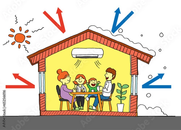 Obraz ZEH・断熱性の高い住宅で夏も冬も快適な暮らしを実現するイメージイラスト（背景透過・矢印付）