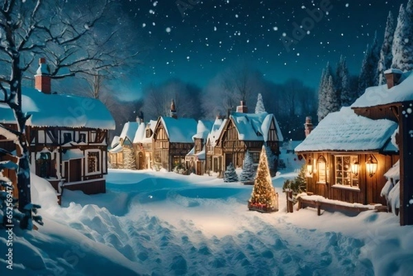 Fototapeta Dusk on a Holiday Hut in the Swiss Alps with Snow and Lighten up Tree
