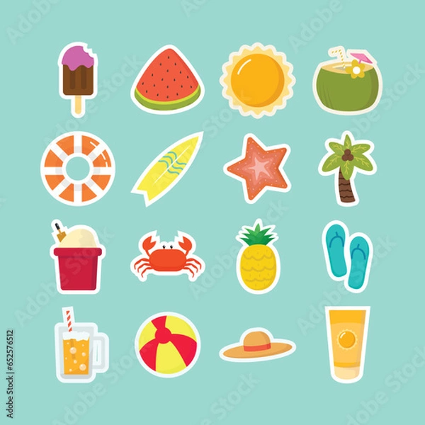 Obraz Vector flat summer or beach elements collection. Sun, Ice Cream, Buoy, Surfboard, Starfish, Coconut Tree, Watermelon, Bucket filled with sand, Crab, Pineapple, Sandal, Coconut Ice, Glass of Beer, Ball