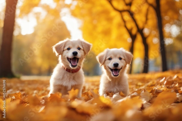 Fototapeta golden retriever puppy playing in the park