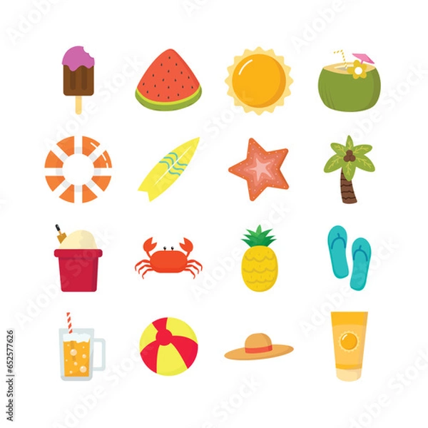 Obraz Vector flat summer or beach elements collection. Sun, Ice Cream, Buoy, Surfboard, Starfish, Coconut Tree, Watermelon, Bucket filled with sand, Crab, Pineapple, Sandal, Coconut Ice, Glass of Beer, Ball