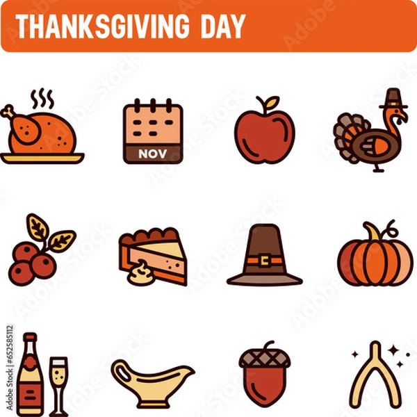 Fototapeta Thanksgiving day icons. Traditional american dinner vector set. November. Color icon design.