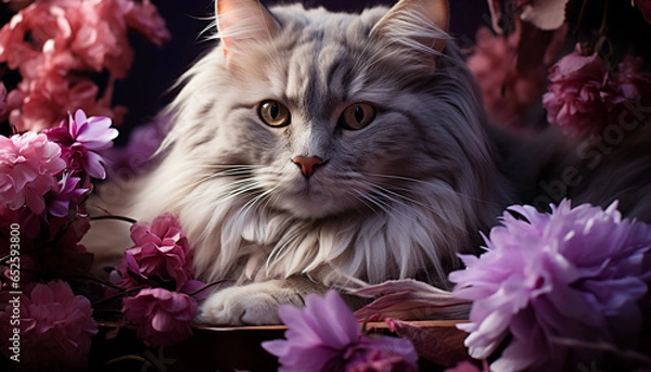 Fototapeta Cute kitten sitting on grass, looking at camera with softness generated by AI