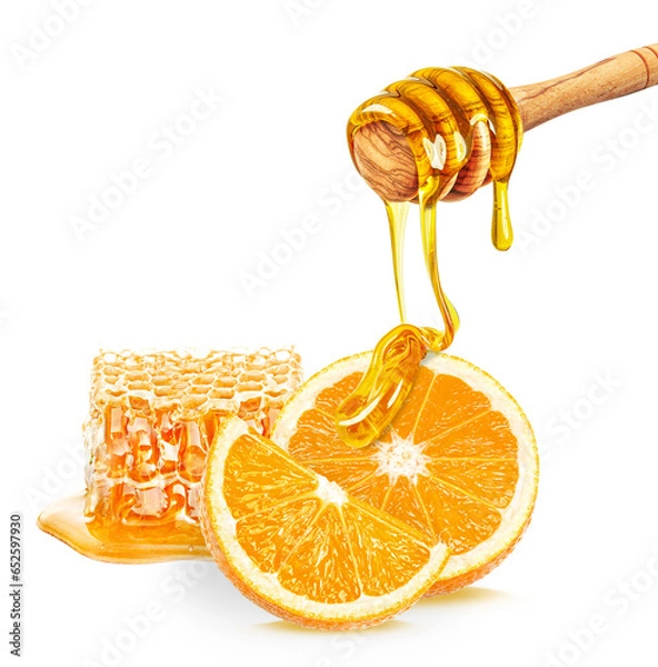 Fototapeta dripping honey, honeycomb and lemon isolated on white background