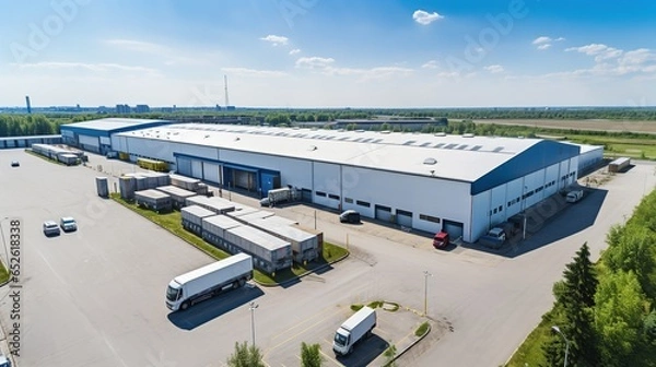 Fototapeta Aerial view of industrial structure, large factory with lots of space and parking lot with large cargo vehicles