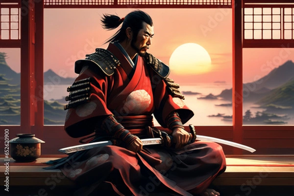 Fototapeta a japanese samurai sitting in a japanese castle with his back to the sunset sea outside the window Generative ai