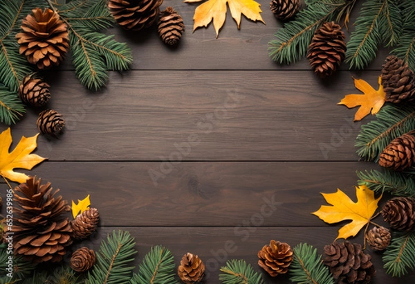 Obraz Encadrement de feuilles d'automne colorées avec des pommes de pin et des branches de sapin sur un fond en bois