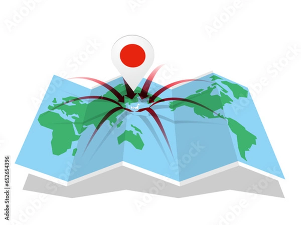 Fototapeta 八方から日本にのびる矢印の世界地図とマーカー　ベクターイラストレーション
