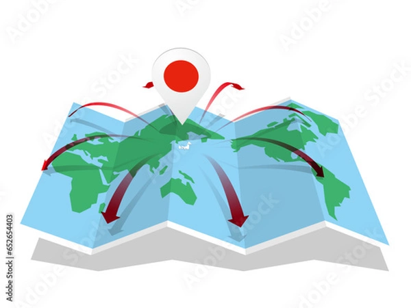 Obraz 日本から八方へのびる矢印の世界地図とマーカー　ベクターイラストレーション