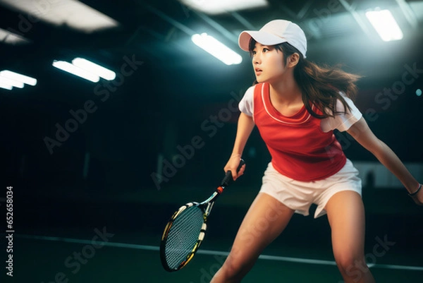 Obraz 試合で相手選手の打球を見ながら構えているプロのテニス選手・テニスプレイヤー(日本人女性)