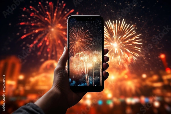 Fototapeta Handphone to the sky with fireworks on new year eve - Generative AI