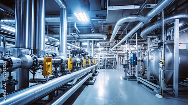 Obraz 工場の風景、鉄のパイプが並ぶ化学製造の工場内