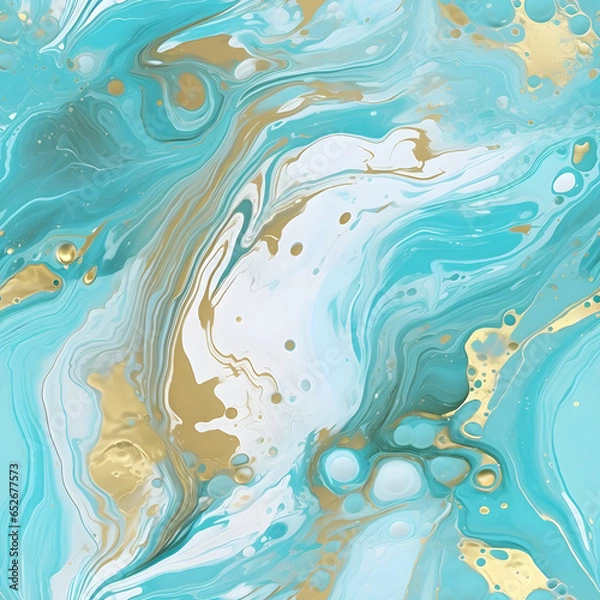Fototapeta A turquoise blue and gold marble texture created by acrylic pour technique. Seamless repeating Pattern.
