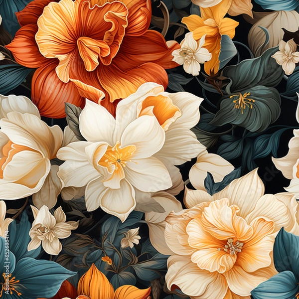 Fototapeta Seamless pattern colorful Daffodil Flowers vintage style, multiple sizes , AI generated