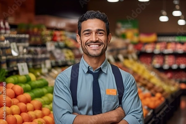 Fototapeta Confident Hispanic Supermarket Employee Posing in Store, "Smiling Hispanic Employee, A Professional Snapshot in a Supermarket Setting