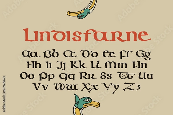 Obraz Lindisfarne alphabet in majuscule Celtic, Anglo-Saxon, Irish style with red dots pattern. Dim colored medieval initial.