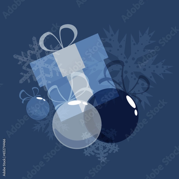Fototapeta Christmas gift box and Christmas balls on a dark blue background with snowflakes of different transparency. Design element for clothes, cards, textiles, fabrics, wallpapers