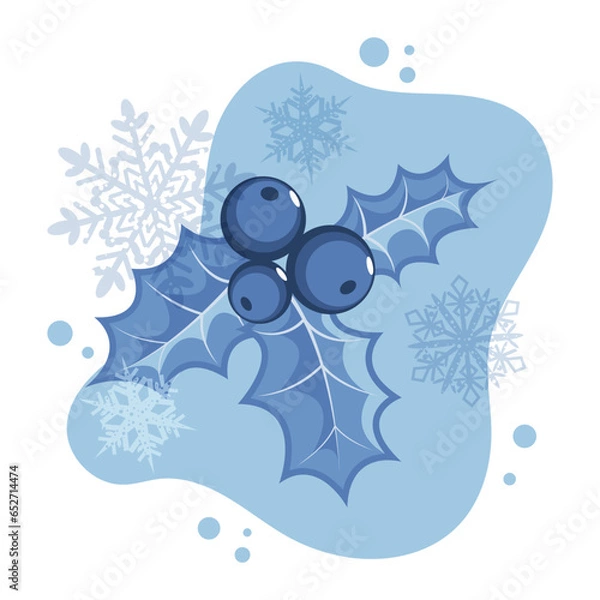 Fototapeta Christmas holly and snowflakes with different transparency in blue tones on an abstract background. Design element for clothes, cards, textiles, fabrics, wallpapers