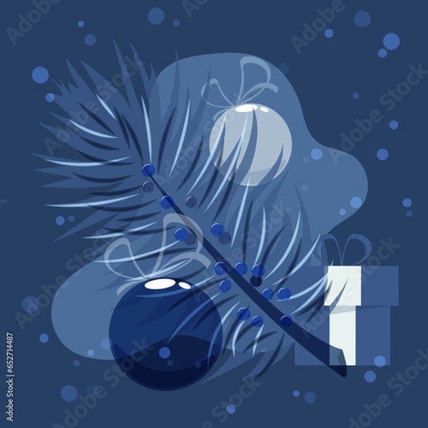 Fototapeta Christmas balls with a fir branch and a gift box on a dark blue background. Design element for clothes, cards, textiles, fabrics, wallpapers