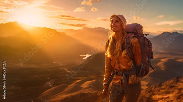 Fototapeta A hiking girl smiles at the camera while enjoying the sunset on the top of the mountains, generative ai 
