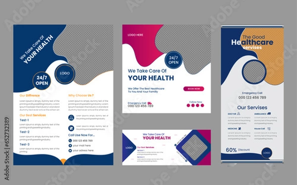 Fototapeta Medical flyer ,facebook cover ,media post,roll up banners design . Modern banner design with 4 color ribbon decoration and place for the photo. Suitable for social media, websites, flyers, and banners