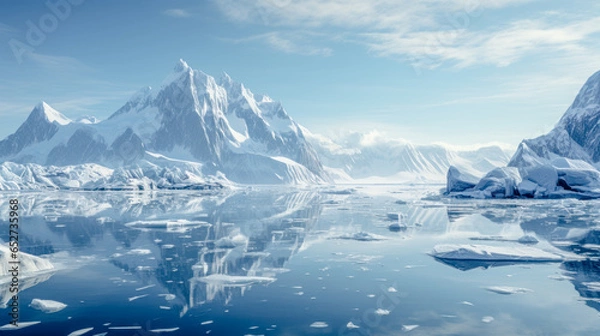 Fototapeta Arctic Fantasy Landscape with Icebergs and Beautiful 
Panorama Abstract Illustration Digital Art Wallpaper Background Backdrop Cover Magazine