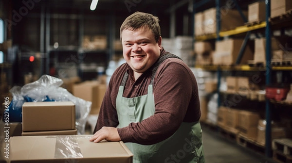 Fototapeta Cheerful young man with down syndrome working in a warehouse, social inclusion concept. Generative AI