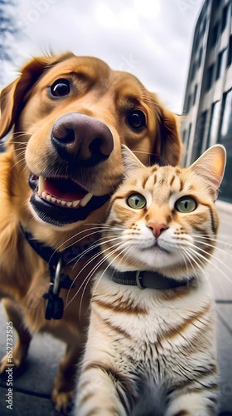 Fototapeta Best buddy friends taking a selfie, cat and dog smile into the camera, generative ai 