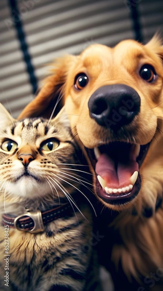 Fototapeta Best buddy friends taking a selfie, cat and dog smile into the camera, generative ai 