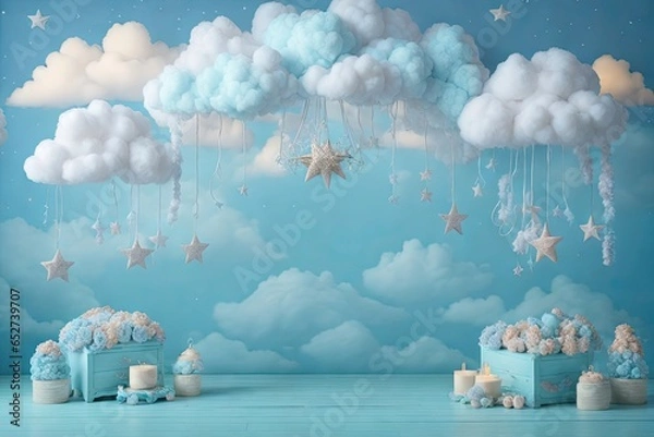 Fototapeta Whimsical Blue Baby Digital Backdrop Photography Background Cake Smash Pastel Backdrop Studio Overlays Photo Shoots Baby Composites Kids