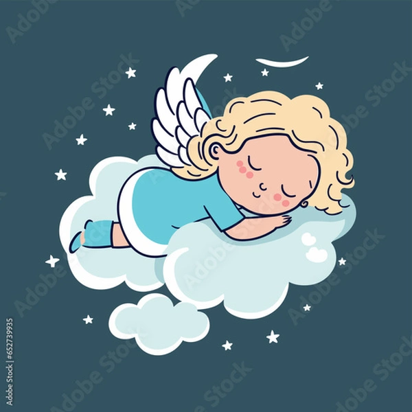 Fototapeta Sweet Angel Resting on a Cloud - Vector Flat SVG Illustration